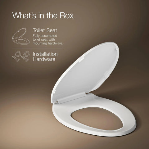 Heavy Duty Elongated White Toilet Seat Featuring Quick Release Hinges And Grip Tight Bumpers For Dead Simple Mounting And Super Fast Cleaning, shown open with mounting hardware.