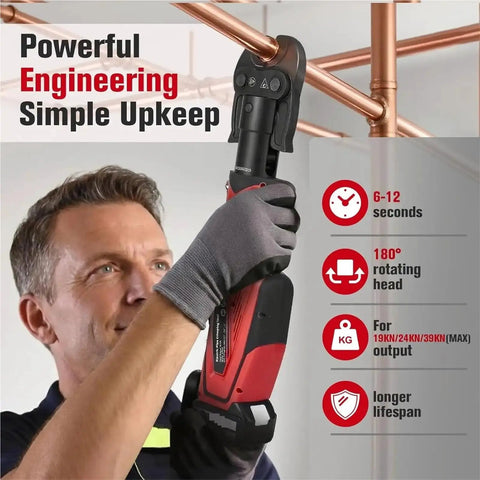 18V Cordless Hydraulic Pipe Crimper Tool Kit With 3 Pro Press Jaws For Fast Copper And Stainless Steel Connections, user demonstrating tool usage.