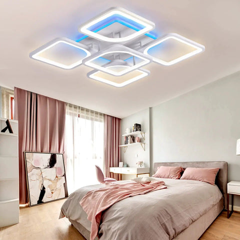 Rectangular LED Ceiling Light With Dimmable Remote 60W Front Light And 5W RGB Backlight in modern bedroom setting