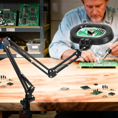 12X Magnifying Glass With Light For Craft, Workbench And Repair, Extra Long Arm Clamp Lamp in use on workbench with electronics