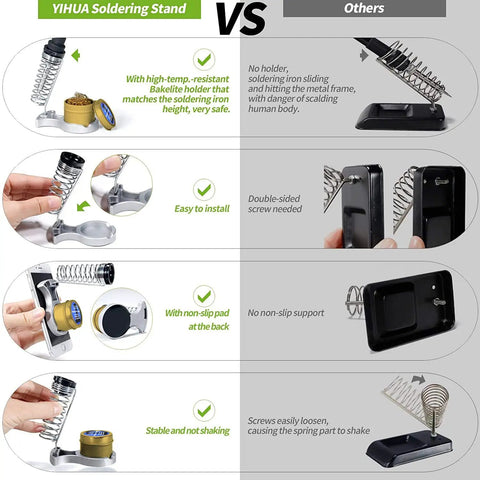 Comparison of YIHUA soldering stand with high-temp-resistant holder vs others with unstable soldering iron holder.