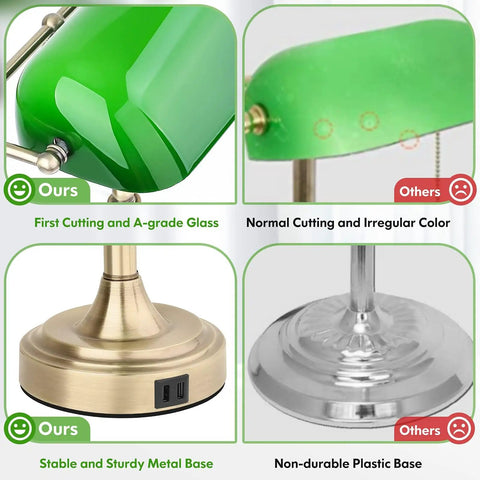 Comparison of green glass bankers lamp with brass base and USB ports to lower quality alternatives, focus on materials and build.