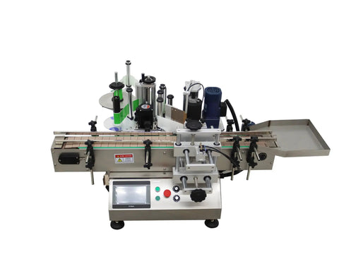 Slick Automatic Desktop Conveyor Bottle Labeler Workhorse High Speed Round Container Labeling Machine With Smooth Half Circle Application And Knockout Speed For Beverages Cosmetics And Food Retail 110V on white background.