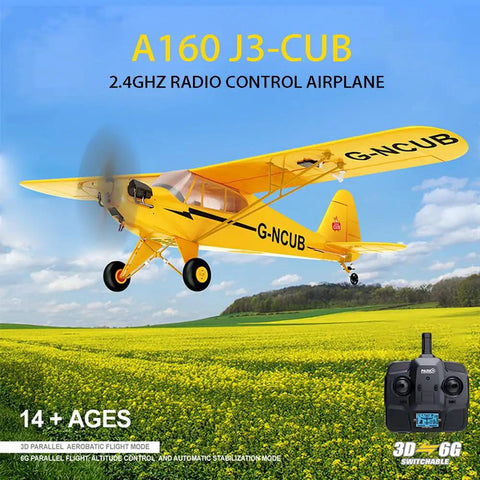 Upgrade 5 Channel RC Plane With 3D And 6G Gyro J3 Cub Style Airplane For Adults flying over field, EPP Foam, Yellow