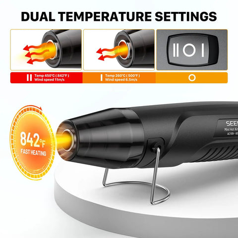 Compact Dual Temp Heat Gun With 350W 500F And 842F Settings showing dual temperature settings and heater glow