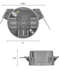 PVC New Construction Ceiling Junction Box Non-Metallic J-Box For Wiring dimensions, gray, top and side view