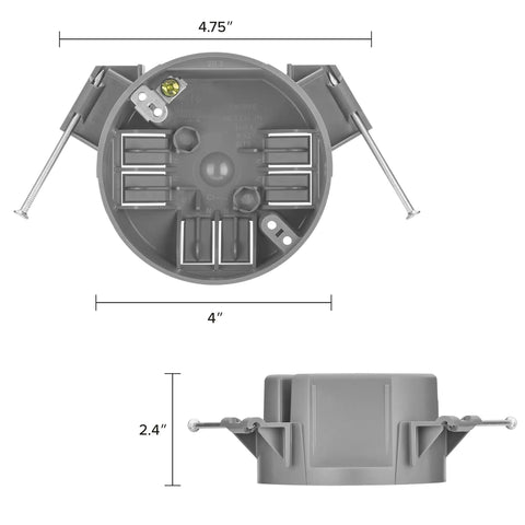 PVC New Construction Ceiling Junction Box Non-Metallic J-Box For Wiring dimensions, gray, top and side view