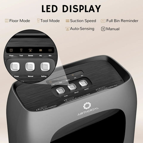Touchless Vacuum Dustpan With Infrared Auto Sweep featuring LED display with control buttons and settings