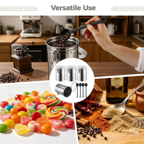 Straight Up Essential Stainless Steel Canister Set With Four Durable Spoons And Clear Lock Buckle Lids Designed For Coffee Beans Sugar Tea Grains Flour Or Sweet Snack Stash In Your Kickin Kitchen with assorted candy and spices.