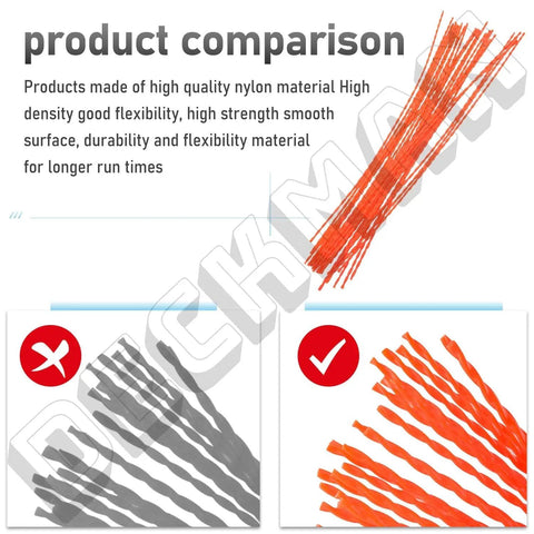 Comparison of trimmer lines showing orange Must Have 30 Pack Universal Walk Behind String Trimmer Line Kit 21.25 Inch Replacement 0.155 Inch Line For Most Walk Behind Mowers Compatible With Senix Earthquake BILT Toro 58620 Easy Assembly against gray competitor lines
