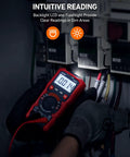 Digital Multimeter With TRMS 4000 Counts Auto Ranging Volt Meter Ohmmeter NCV Capable in use, displaying reading inside panel