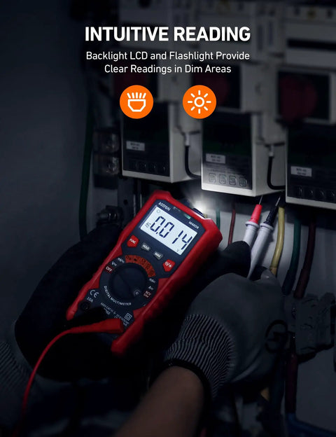 Digital Multimeter With TRMS 4000 Counts Auto Ranging Volt Meter Ohmmeter NCV Capable in use, displaying reading inside panel