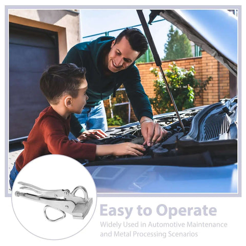 Father and son working on car engine with inset image of Adjustable Auto Body Dent Repair Pulling Plier Clamp for Sheet Metal Locking Welding Clamp.