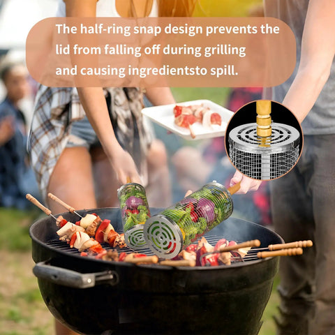 Outdoor Grill Baskets Set 2 Pack Stainless Steel Grillin Baskets With Long Wooden Handles in use at a barbecue event