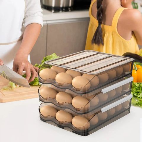 Stacked Egg Storage Container For Refrigerator That Holds 54 Eggs With Automatic Rolling Tray Durable Polypropylene Material