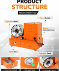 Pro Grade Electric Hydraulic Hose Crimping Machine With Eight Heavy Duty Dies Built Different For Snappy And Steady Crimps On R1 And R2 Braided Fuel Lines Garage Ready, showing operational features and components.