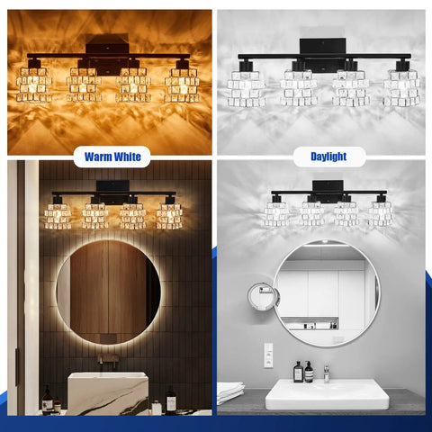 Four Light Vanity Fixture With Matte Black Finish And Crystal Lampshades, warm and daylight settings, over bathroom mirrors