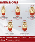 Dimensions and specs of brass male straight adapters, part of 50 Piece Quick Push To Connect Fittings Kit Brass Male Straight Adapters NPT For One Quarter And Three Eighths Inch Tubing DOT Approved Air Line Fittings For Air Brakes Suspension And Hose Repair.
