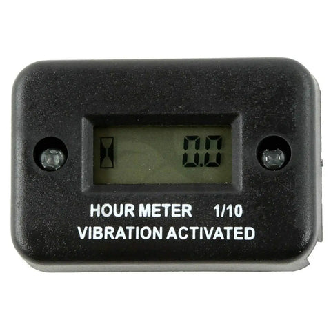 Waterproof Vibration Activated Hour Meter For ATV Snowmobile Gas Engines Sealed No Power Required Lifetime Battery 0.1 Hour Resolution Tracks Service Life Of All Non Engine Applications, black plastic front view