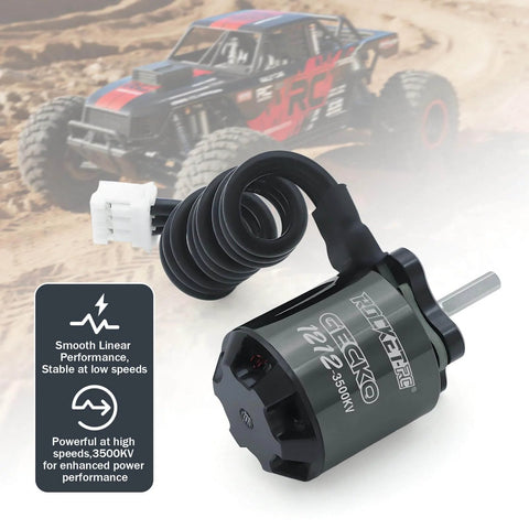 Beefy 1212 3500KV Brushless Outrunner Motor With 2mm Shaft For Tiny RC Crawlers next to RC truck on terrain