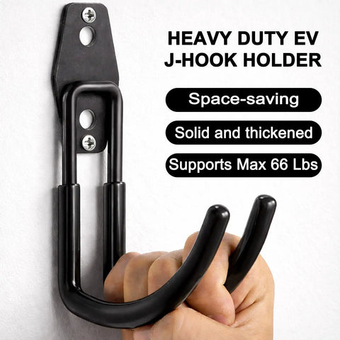 Heavy Duty EV Charging Cable Holder Wall Mount For Tight Garages With Wide J Hook to support cords, mounted on wall, holds 66 lbs.