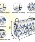 3 Piece Large Wall Hanging Organizer Set With Linen Fabric Baskets featuring triangle design, dimensions, and features highlighted.