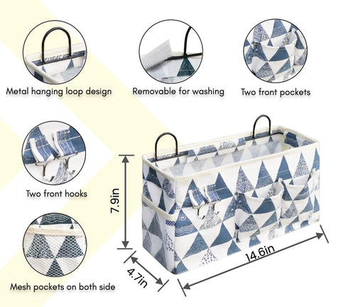 3 Piece Large Wall Hanging Organizer Set With Linen Fabric Baskets featuring triangle design, dimensions, and features highlighted.