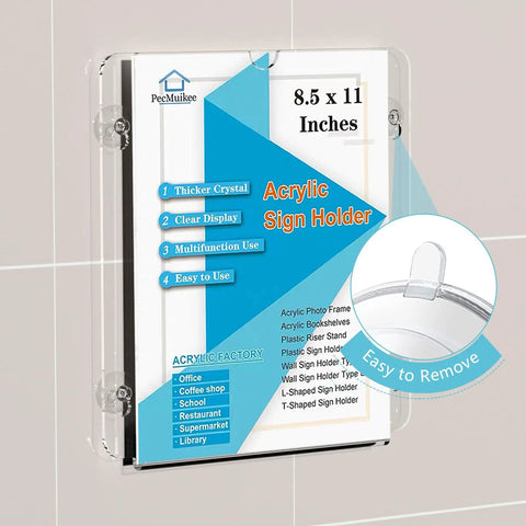 Clear Acrylic Window Sign Holder With Super Easy Suction Cups 8.5 By 11 Inch Wall Mount Sign Frame on glass surface.