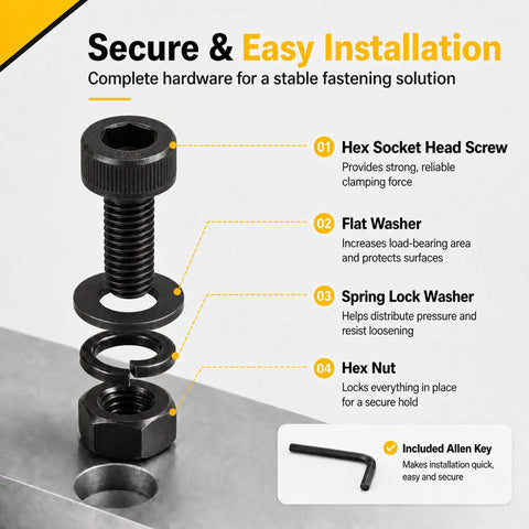 Heavy Duty M3 Hardware Stack Includes 600 Fully Threaded Hex Socket Head Caps Nuts And Washers Sized 25 To 50 Mm, showing assembled hex screw with washers and nut.