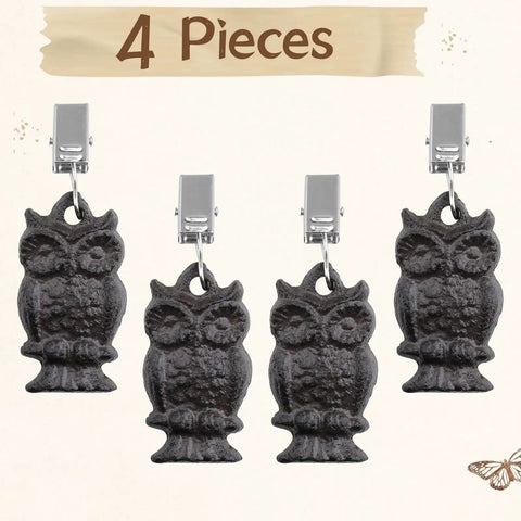 Antique Owl Tablecloth Weights Clip On Set Of Four, Heavy Duty Cast Iron With Stainless Steel Clamps, Waterproof Finish