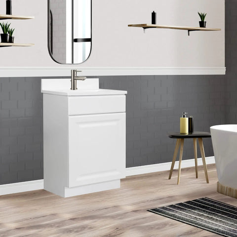 Unassembled White Bathroom Vanity Cabinet With One Door Frameless Design 18 By 16 Inches No Top Spacious Interior For Toiletries