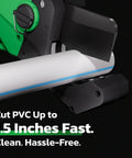 Close-up of Cordless 18V PVC Pipe Cutter With LCD Display cutting a PVC pipe, showing ratcheting shear action for clean cuts.