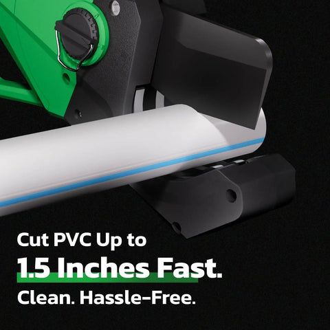 Close-up of Cordless 18V PVC Pipe Cutter With LCD Display cutting a PVC pipe, showing ratcheting shear action for clean cuts.