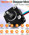 NEMA 14 stepper motor, 4-wire cable, black square body with mounting tabs, silver shaft