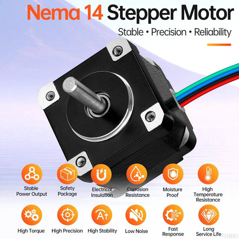 NEMA 14 stepper motor, 4-wire cable, black square body with mounting tabs, silver shaft