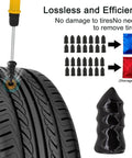 Close-up of a tire puncture repair tool with rubber plugs and storage bags shown.