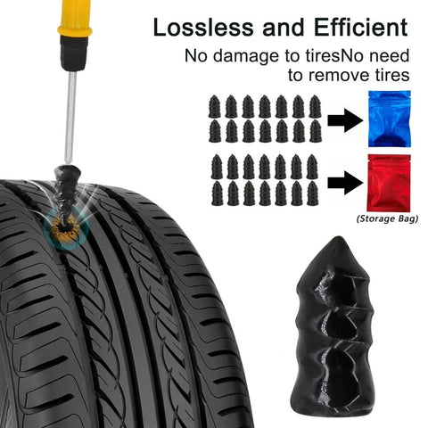 Close-up of a tire puncture repair tool with rubber plugs and storage bags shown.
