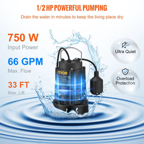 Beefy Half HP Submersible Sewage Pump With 4320 GPH Flow For Indoor And Outdoor Drainage Cast Iron And Stainless Steel Sump