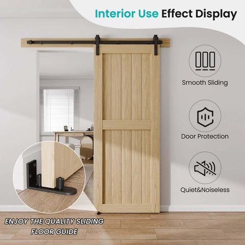 Adjustable Sliding Barn Door Floor Guide With Flat Bottom Design In Black shown installed on wooden door for smooth operation.