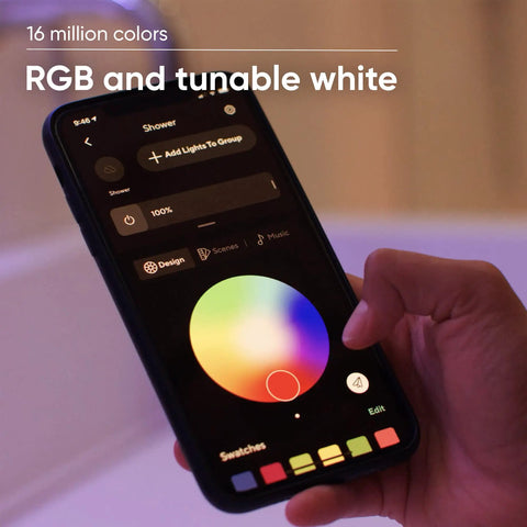Smartphone displaying app control for 16.4ft RGB LED Light Strip With 16 Million Colors And Tunable White, Music Sync.