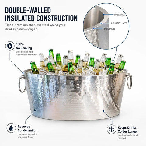 Armored XL Insulated Beverage Tub for Parties, Double Wall Stainless Steel Ice Bucket filled with beer bottles, 6.25 gallon capacity
