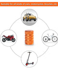 12 Pack Aluminum Alloy Tire Valve Stem Caps Orange Universal Fit For Cars Trucks Motorcycles And Bicycles Ride Ready Leak Proof Rubber Seal Durable Aluminum Exterior Car Accessory, surrounded by images of various vehicles indicating versatility.