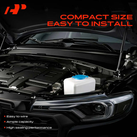 Top Shelf Universal Windshield Washer Pump And Fluid Reservoir Tank Bottle Kit With Slick 12 Volt Motor in engine compartment.