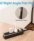 IPX6 Waterproof Outdoor Surge Protector Power Strip With 3 Wide Spaced Outlets 3 Ft Cord on table, plugged in with flat plug.