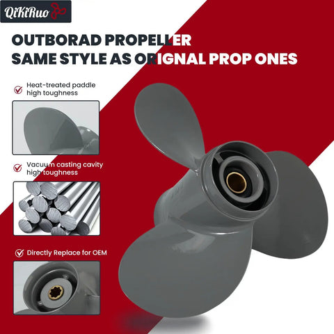 Beefy Aluminum Boat Propeller Nine And A Quarter By Ten Inch And Nine And A Quarter By Eight Inch For Honda Outboard Motors 9.9 15 20HP Eight Tooth Right Hand Rotation OEM 58130 ZV4 010AH displayed with technical features on grey background