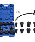 Front view of turbo system leak tester kit in blue hard case with pressure gauge, hose, and multiple adapters