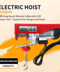 Electric hoist winch, red side view with hook and chain, 880 lb capacity, wired remote