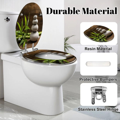 Elongated white zen balance stones bamboo plant wooden table Toilet Seat with resin material and stainless steel hinge.