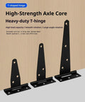 Three black 4-inch heavy duty iron T-type hinges shown on wooden surface for doors or fences.