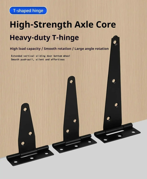 Three black 4-inch heavy duty iron T-type hinges shown on wooden surface for doors or fences.